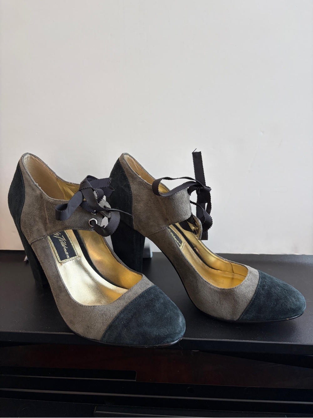 Beverly Feldman Two-Tone Suede Ribbon Mary Jane Heels in Gray and Black
